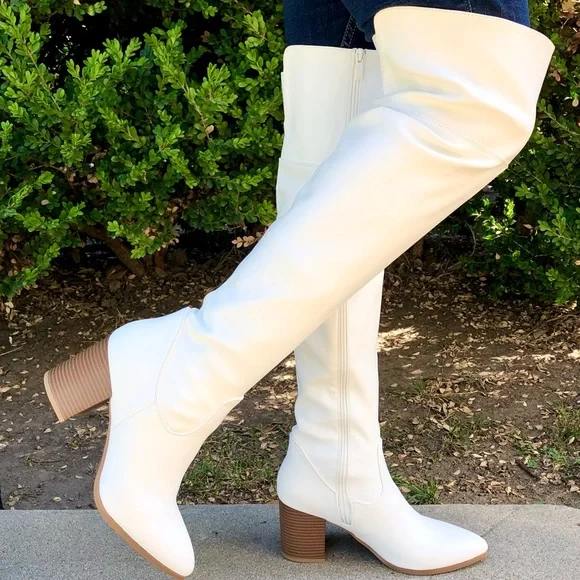 ⚡FINAL SALE! White Vegan Leather Over The Knee Boots - Picture 2 of 7
